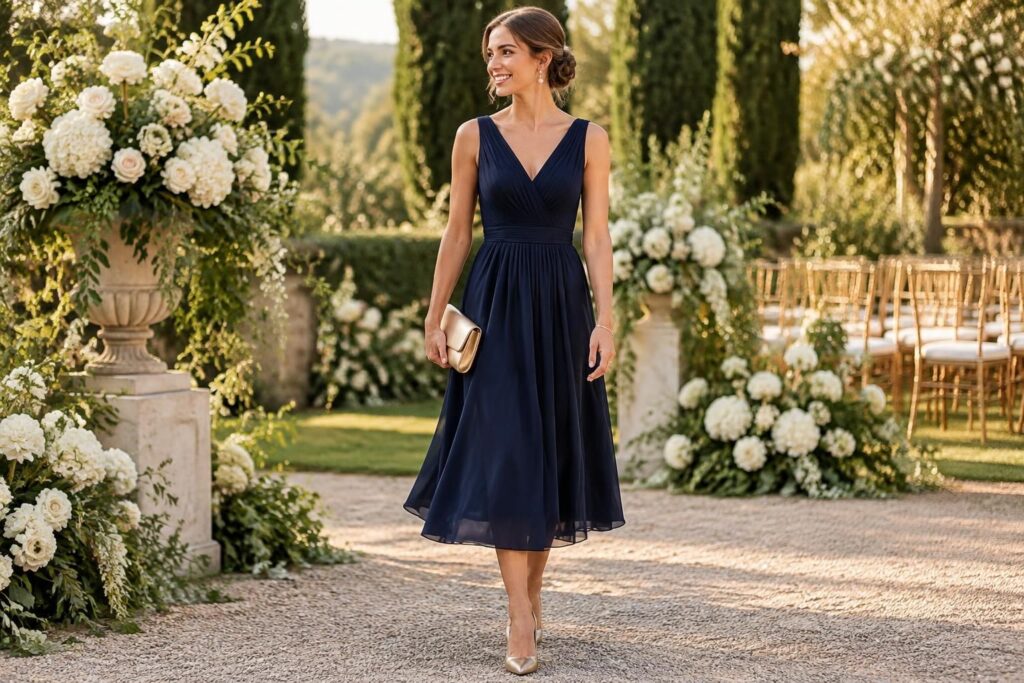 Comment accessoiriser une robe bleu marine pour un mariage avec style