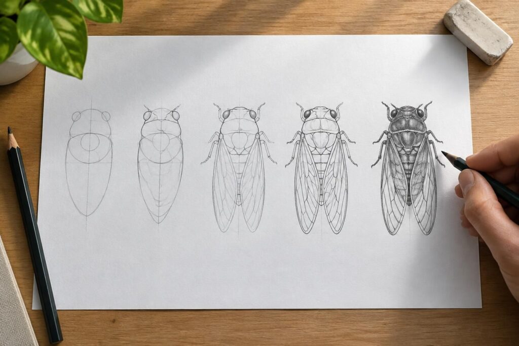 Comment dessiner une cigale étape par étape