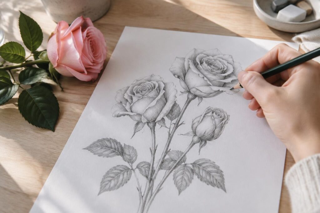 apprenez à dessiner une rose facilement grâce à des astuces simples pour créer un bouquet réaliste, avec de jolies formes, des ombres et des détails.
