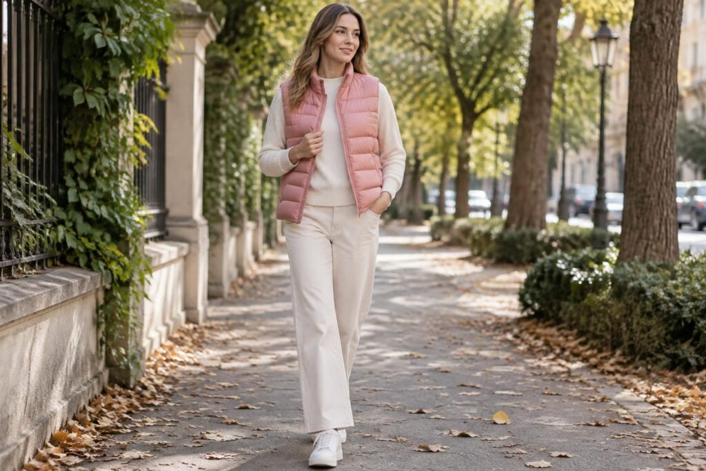 adoptez la doudoune rose sans manches, idéale pour allier style et confort lors des journées fraîches de l’entre-saison.